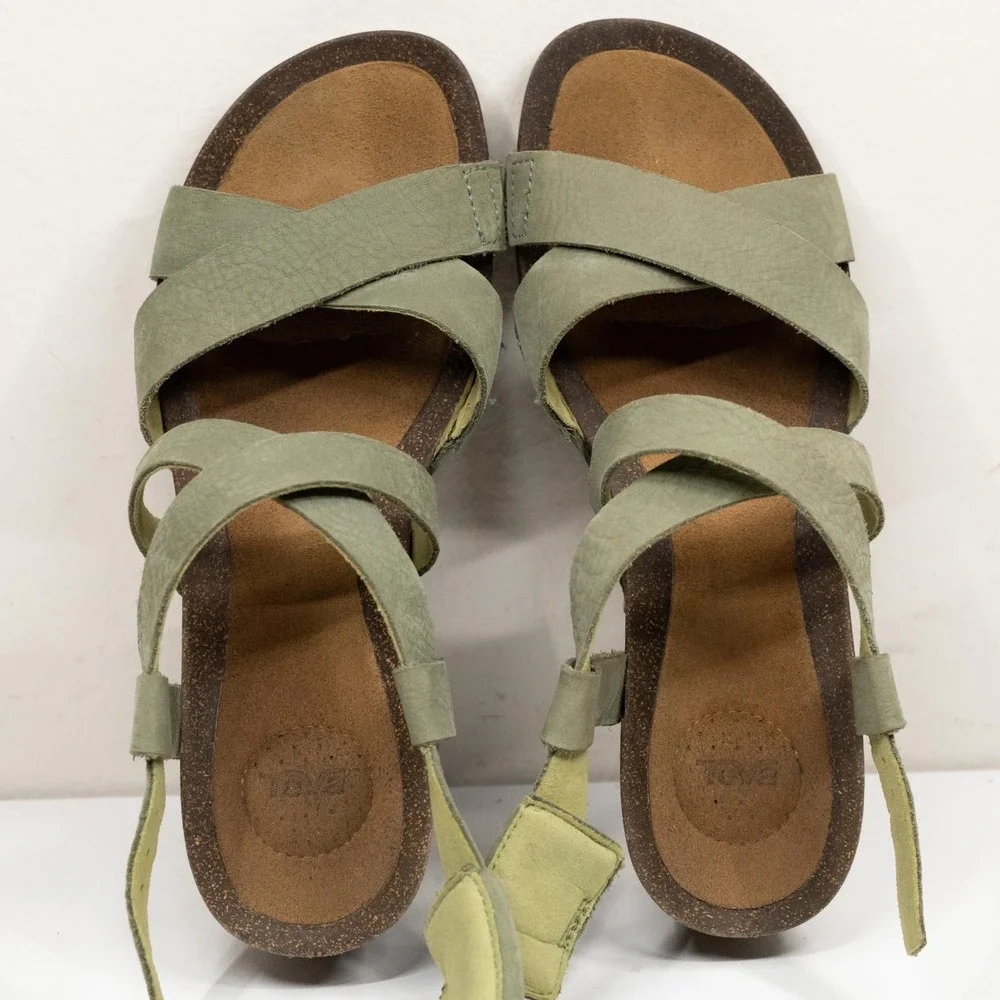 TEVA Mahonia Cross Strap Cork Wedge Leather Sandals Olive Green Sz 7.5